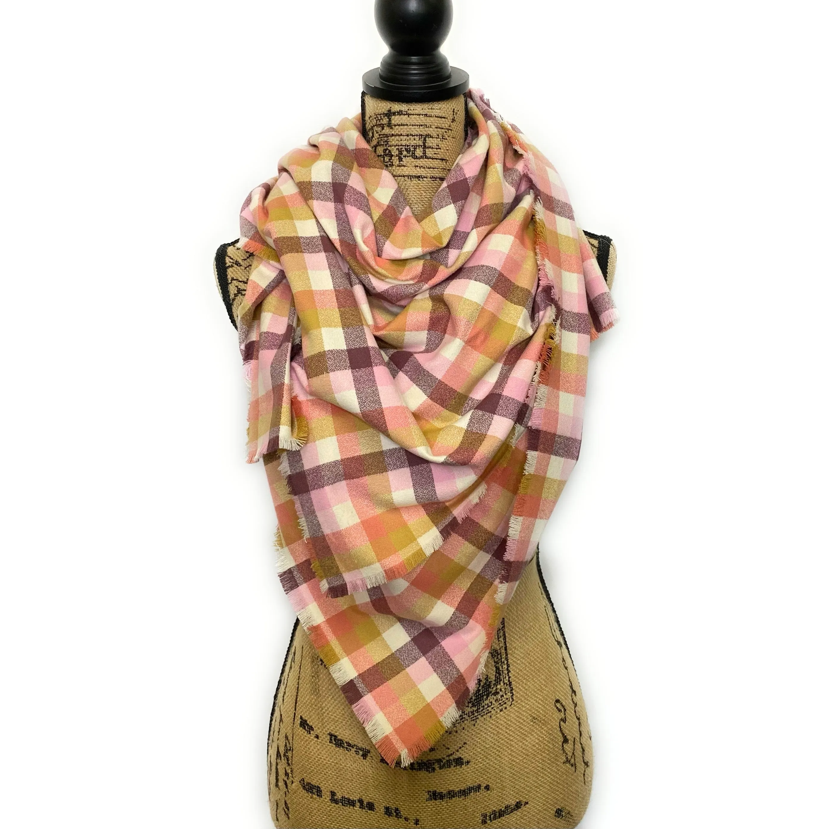 100% Organic Cotton Neapolitan Shades of Cream, Pink, and Chocolatey Taupe and Deep Maroon Plaid Infinity and Blanket Scarves