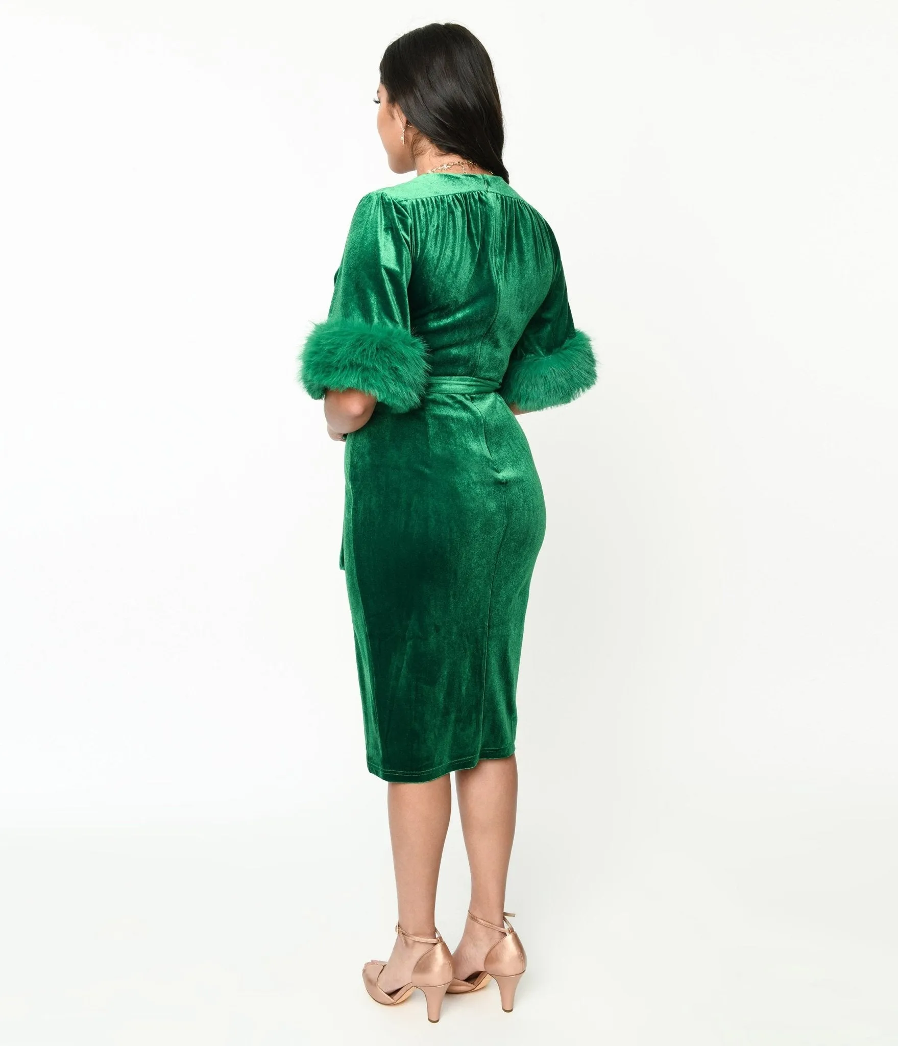 1940s Green Velvet Fifth Avenue Wrap Wiggle Dress