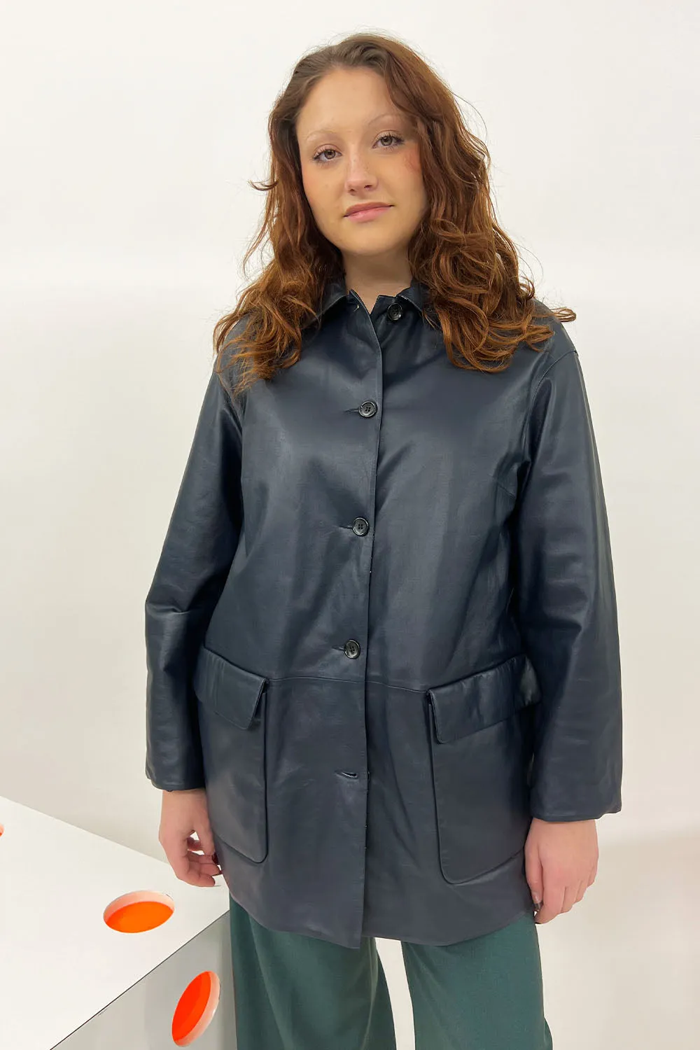 1972 Desa - Reversible Quilted Leather Coat: Blue Crystal/ Black