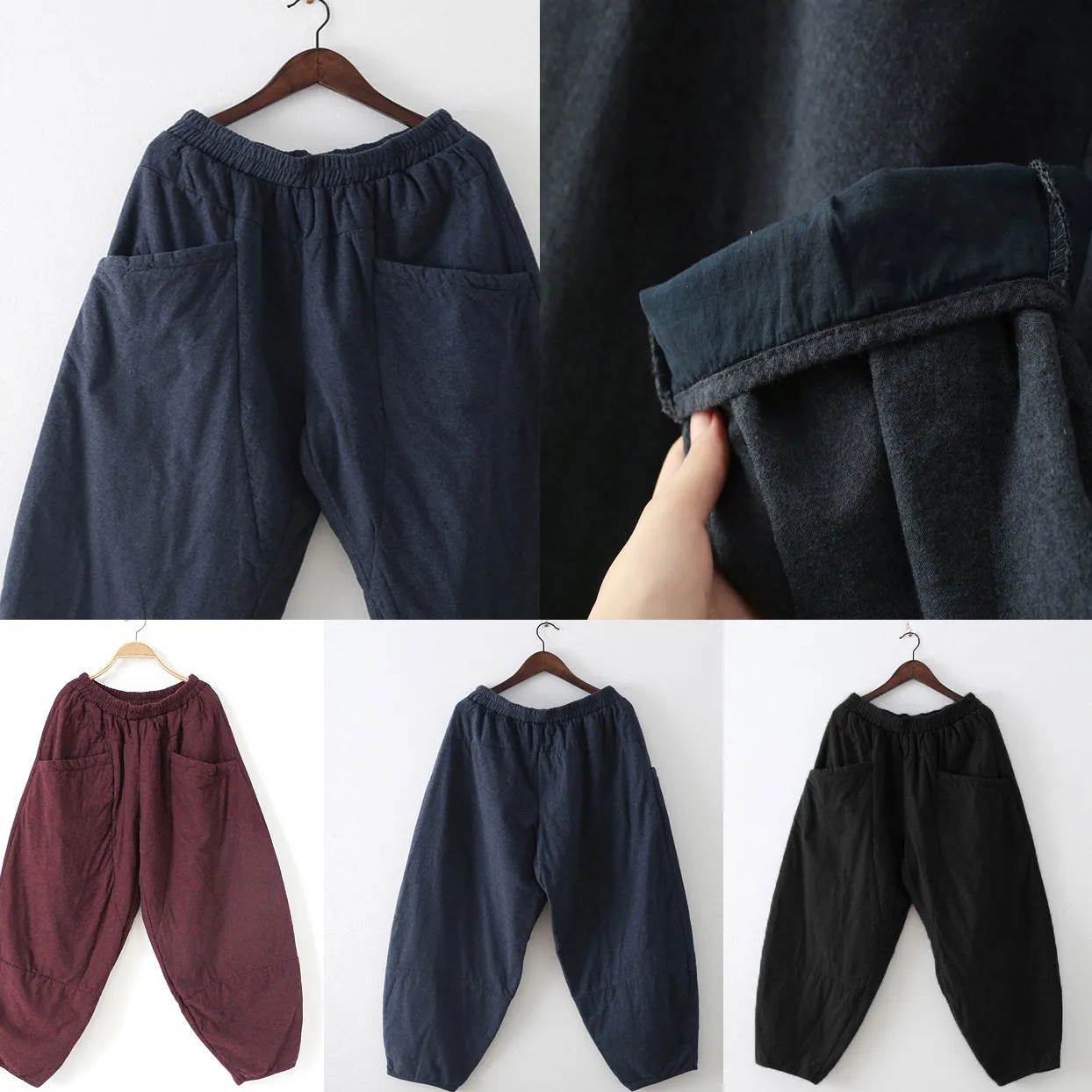 2021 winter dark blue cotton pants warm thick oversized linen pants casual cozy style