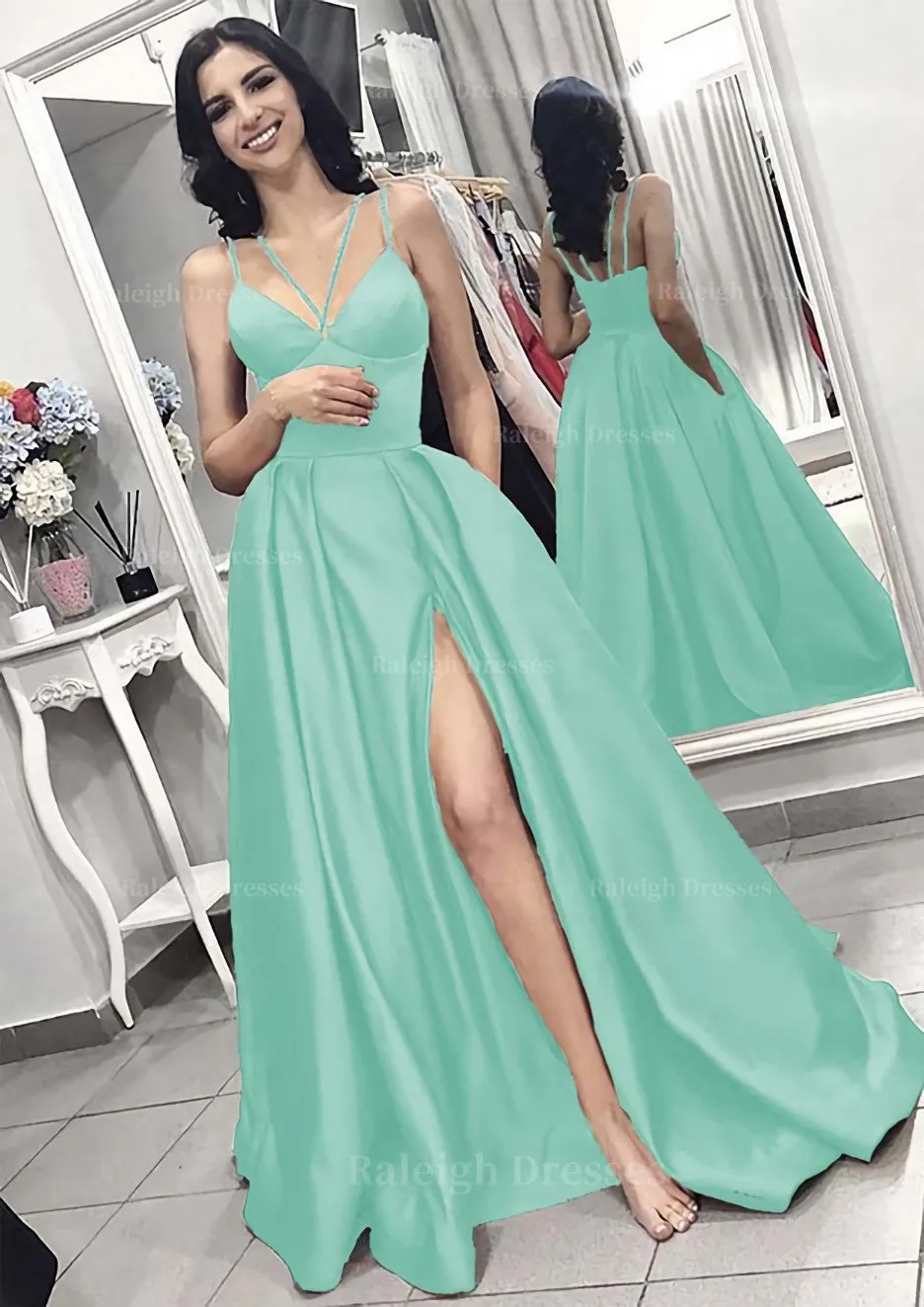 A-line/Princess V Neck Sleeveless Long/Floor-Length Elastic Satin Evening Dress With Split Pleated