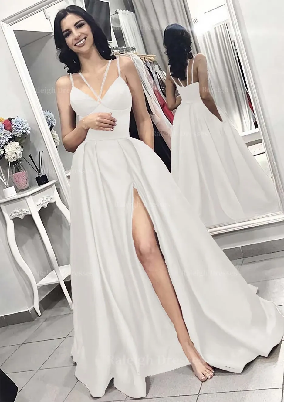 A-line/Princess V Neck Sleeveless Long/Floor-Length Elastic Satin Evening Dress With Split Pleated