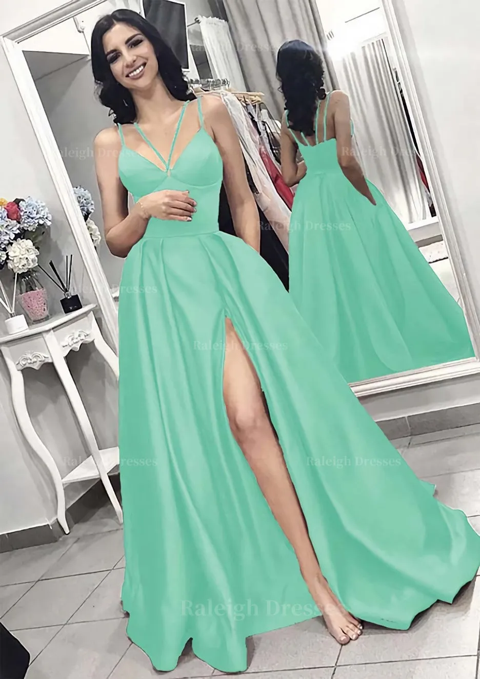 A-line/Princess V Neck Sleeveless Long/Floor-Length Elastic Satin Evening Dress With Split Pleated