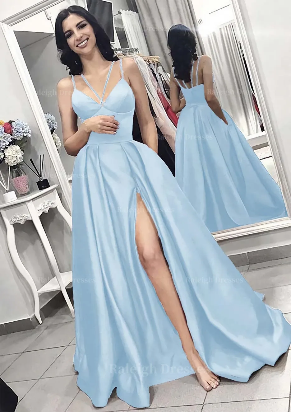 A-line/Princess V Neck Sleeveless Long/Floor-Length Elastic Satin Evening Dress With Split Pleated