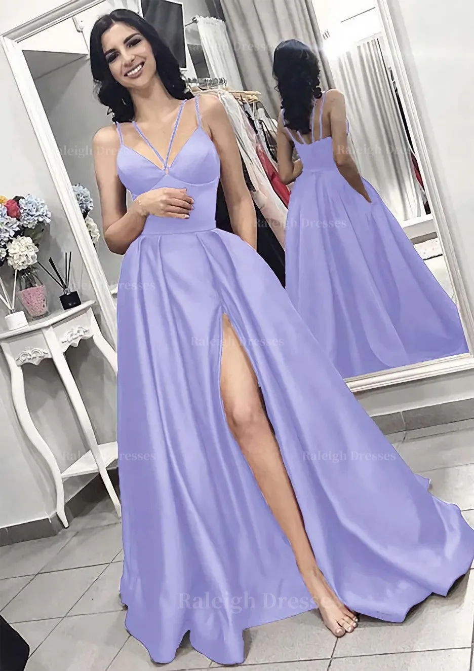 A-line/Princess V Neck Sleeveless Long/Floor-Length Elastic Satin Evening Dress With Split Pleated