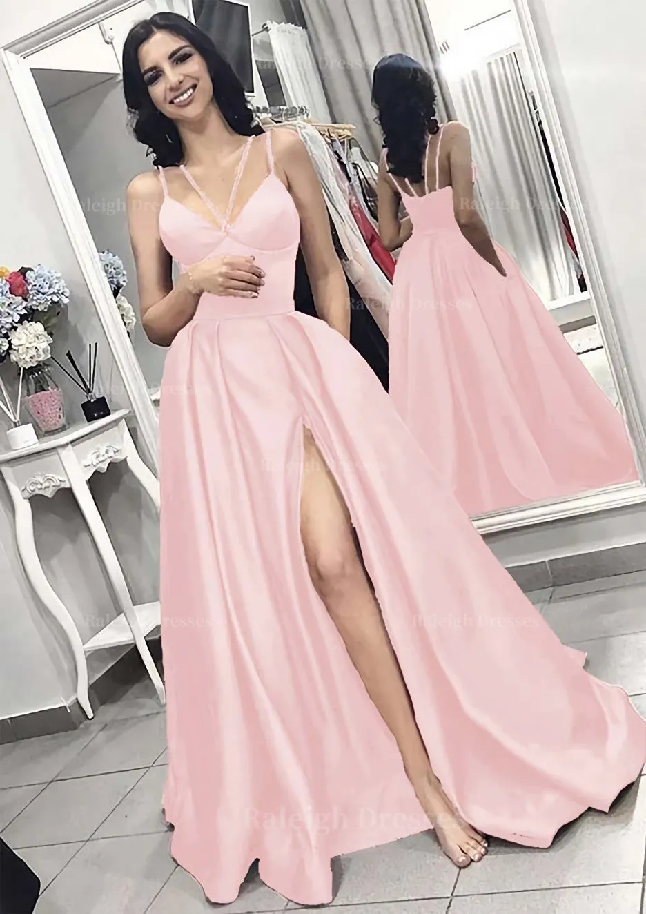 A-line/Princess V Neck Sleeveless Long/Floor-Length Elastic Satin Evening Dress With Split Pleated