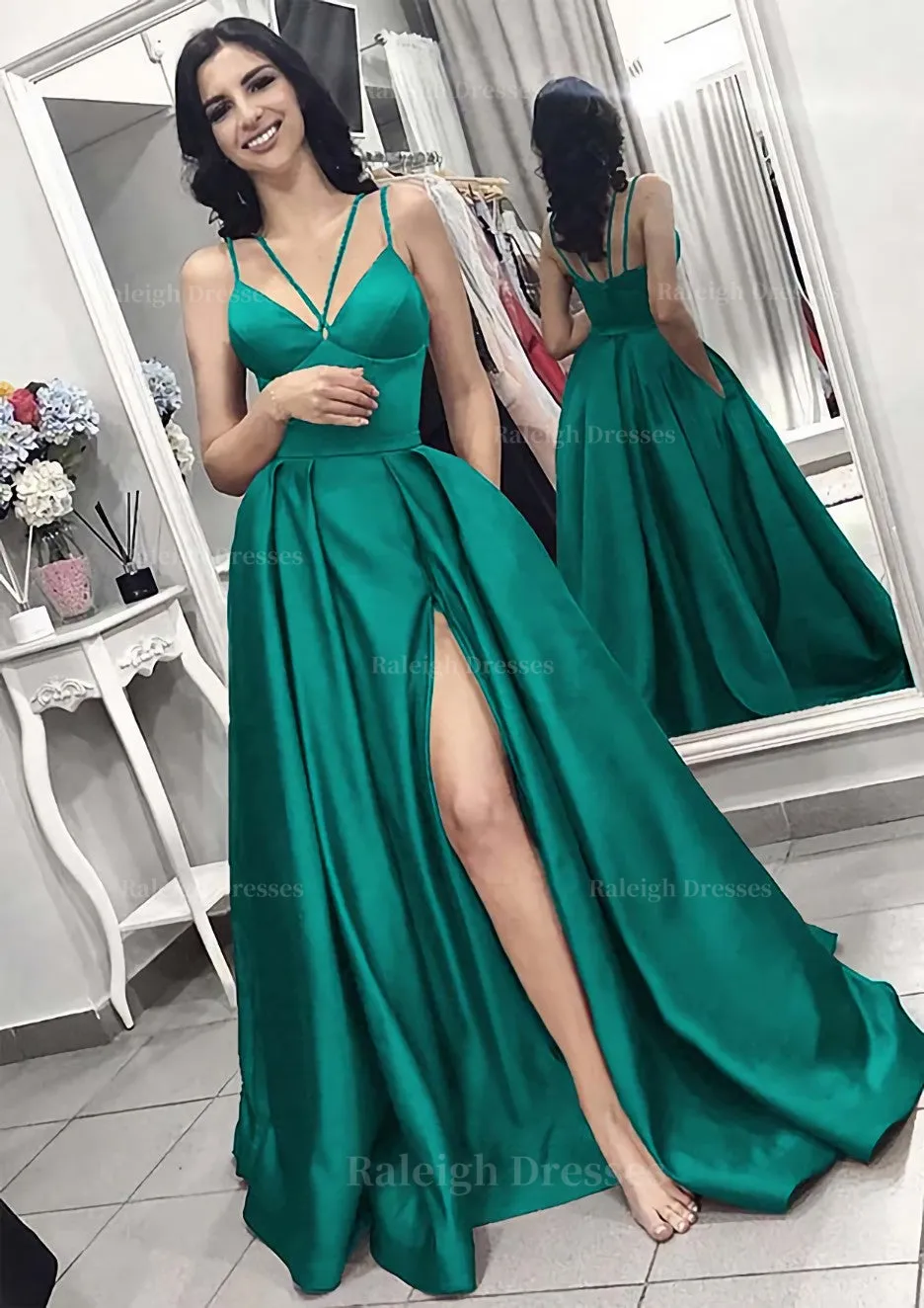 A-line/Princess V Neck Sleeveless Long/Floor-Length Elastic Satin Evening Dress With Split Pleated