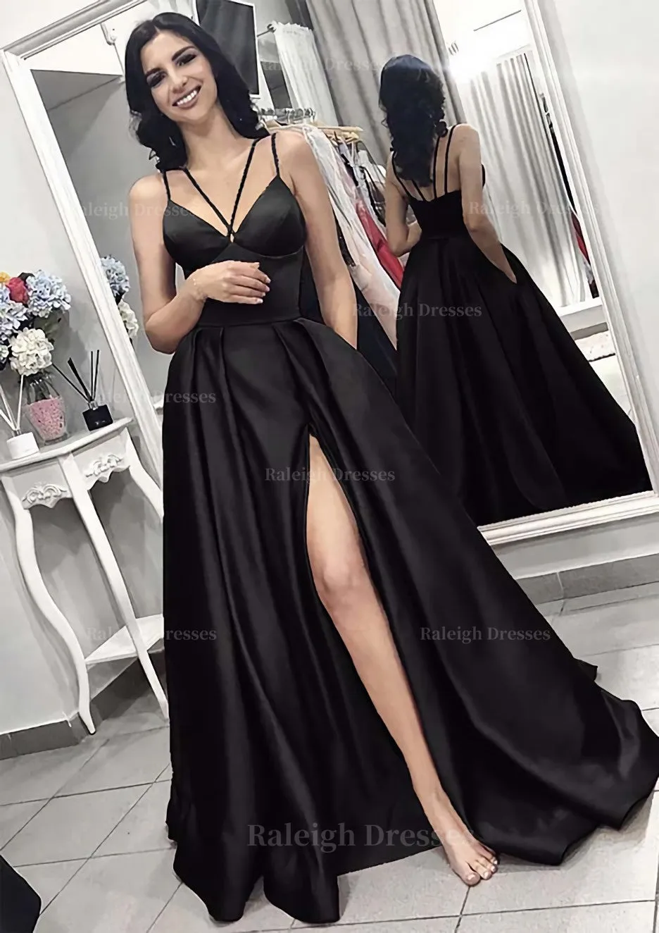 A-line/Princess V Neck Sleeveless Long/Floor-Length Elastic Satin Evening Dress With Split Pleated