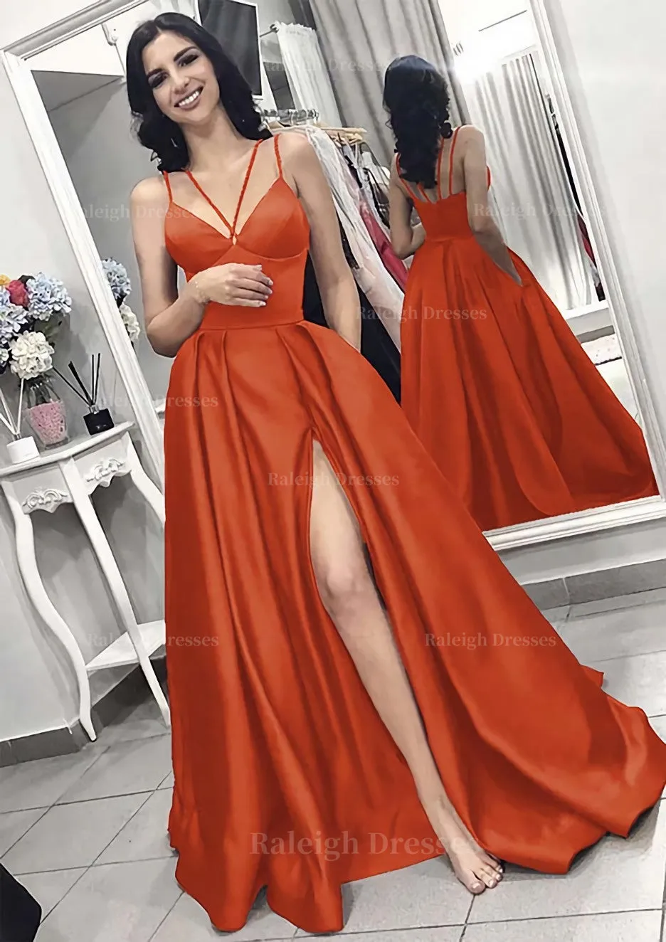 A-line/Princess V Neck Sleeveless Long/Floor-Length Elastic Satin Evening Dress With Split Pleated