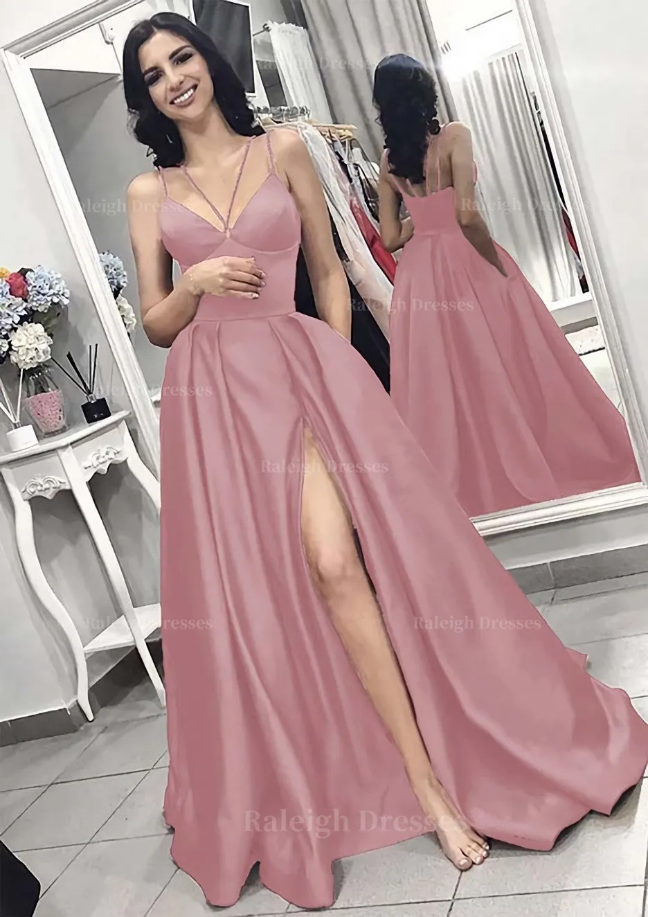 A-line/Princess V Neck Sleeveless Long/Floor-Length Elastic Satin Evening Dress With Split Pleated