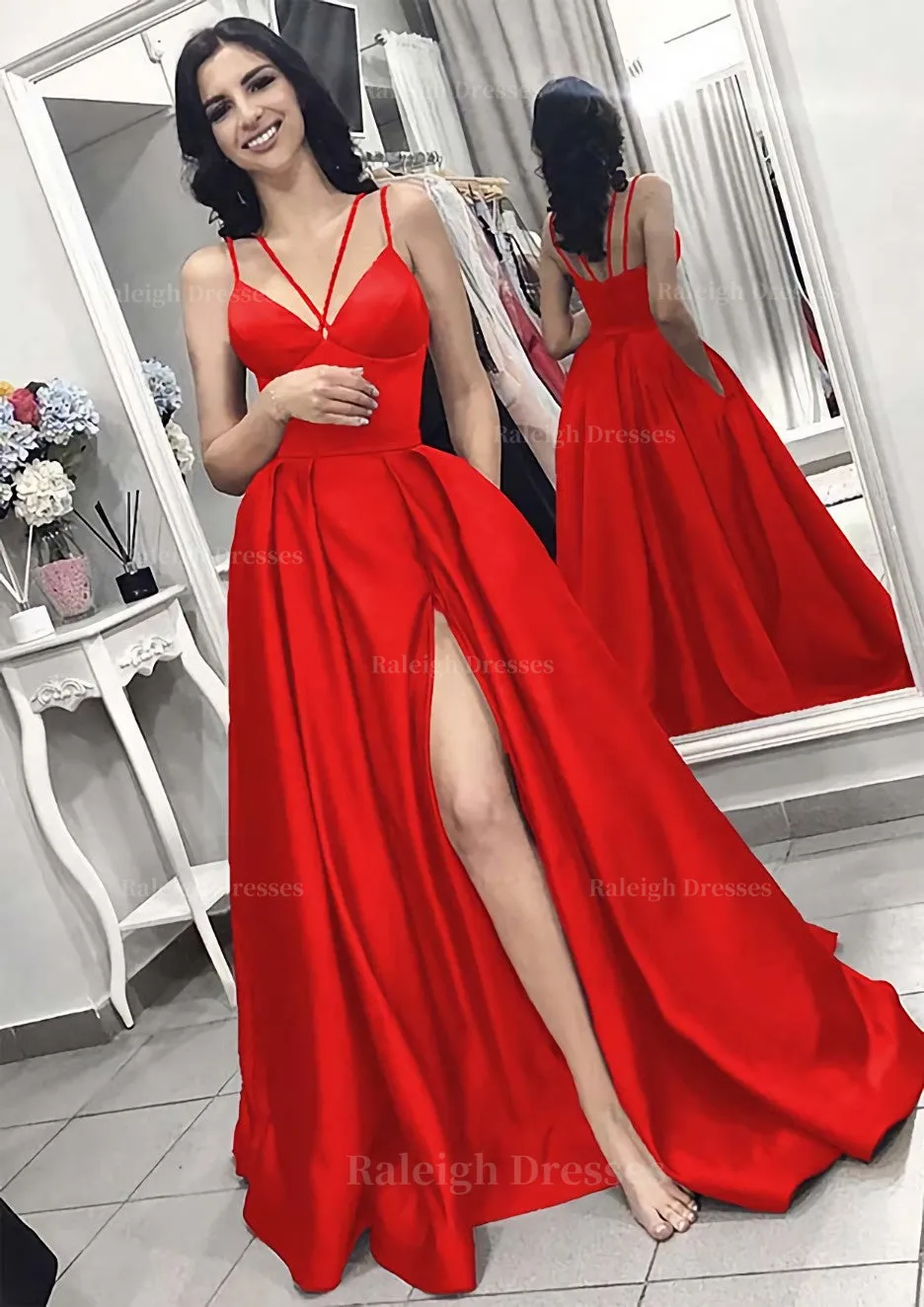 A-line/Princess V Neck Sleeveless Long/Floor-Length Elastic Satin Evening Dress With Split Pleated