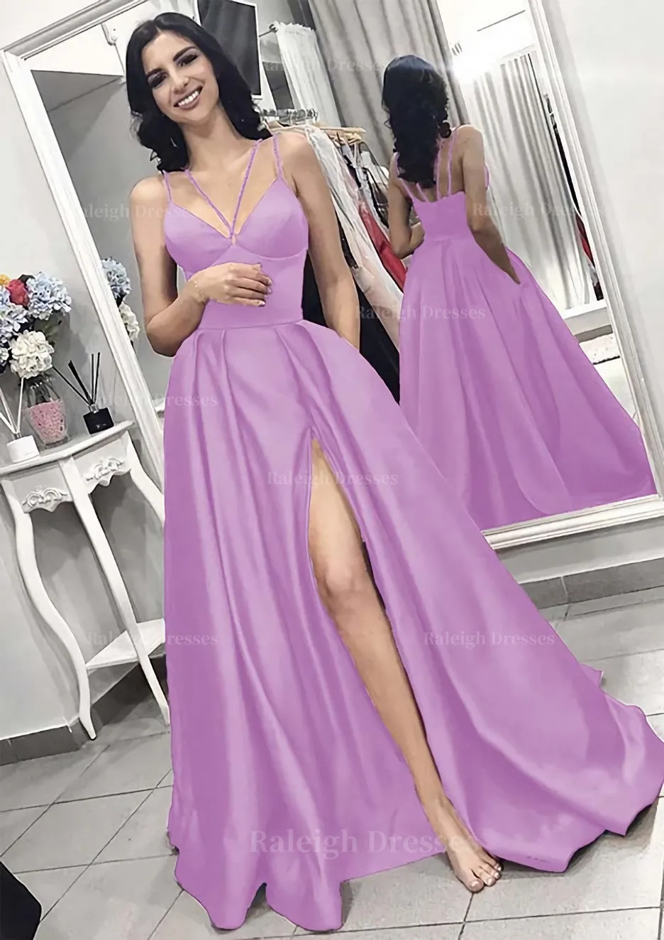 A-line/Princess V Neck Sleeveless Long/Floor-Length Elastic Satin Evening Dress With Split Pleated