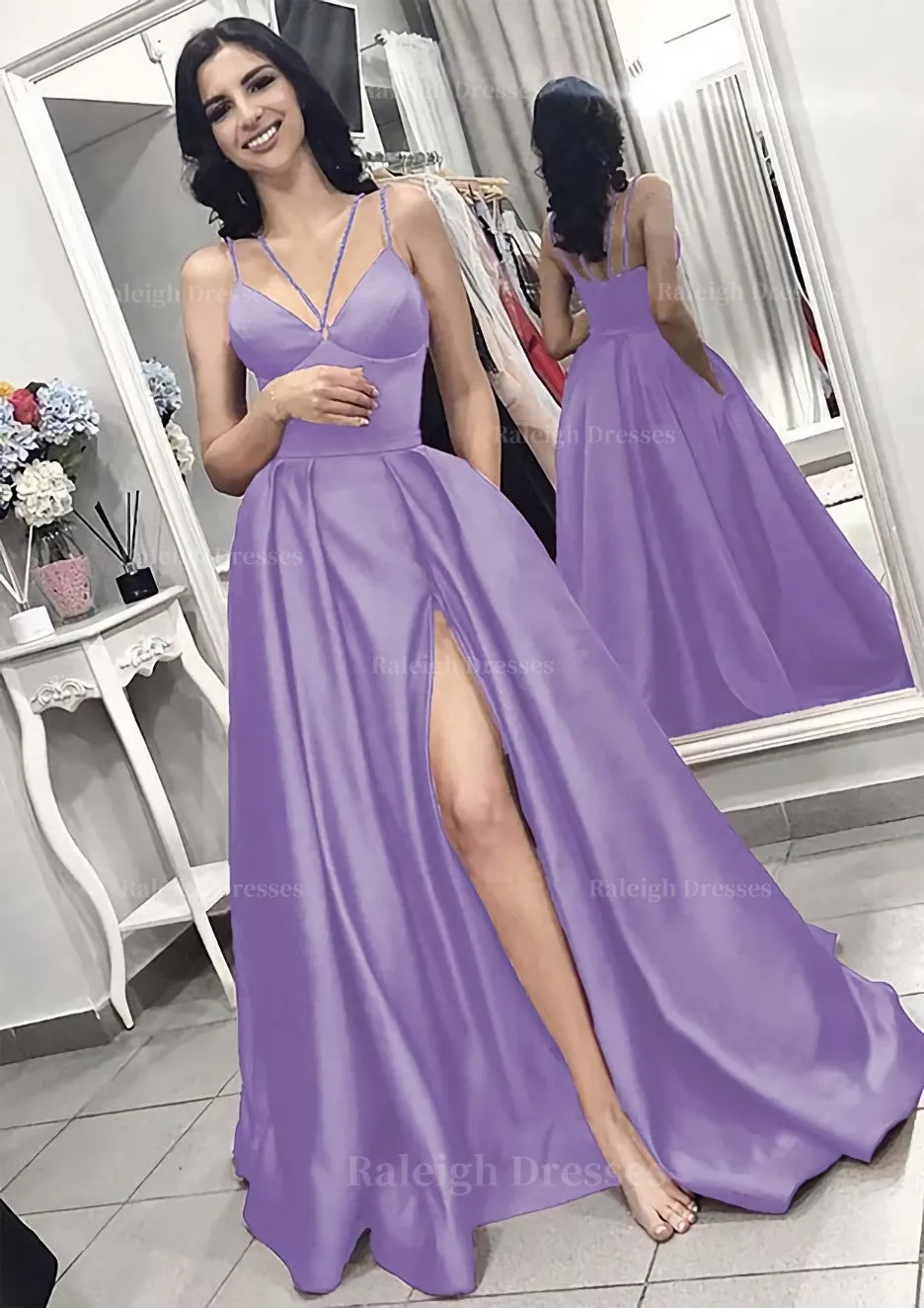 A-line/Princess V Neck Sleeveless Long/Floor-Length Elastic Satin Evening Dress With Split Pleated