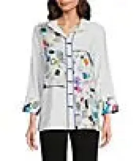 Abstract Print Wire Collar 3/4 Sleeve Button Front Tunic