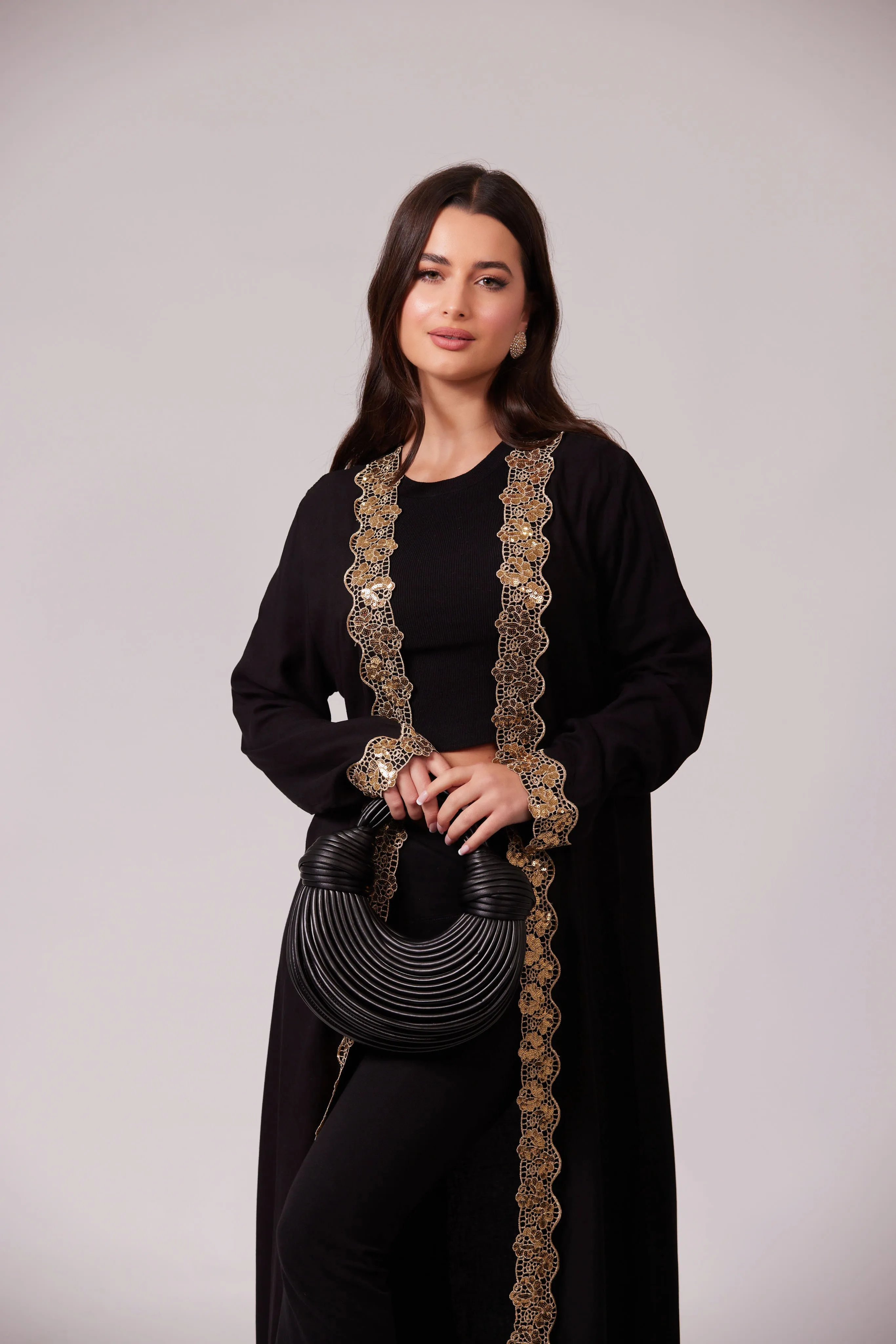 ALEEYAH BLACK  BELTED KIMONO WITH GOLD EMBROIDERY