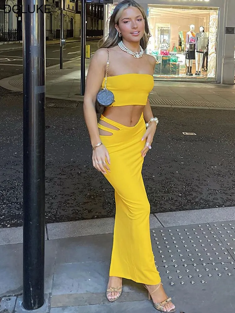 Amozae     Two Piece Set Women Summer Outfits Tube Crop Top And Maxi Skirt Set Elegant Cut Out Bodycon Long Dress Sets Black Yellow