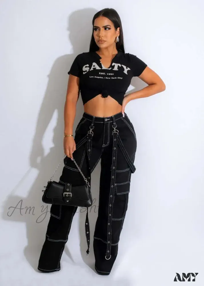 Amy Fashion - Multi Pockets Loose Straps Fashion High Waist Casual Cargo Autumn Winter Streetwear Denim Jean