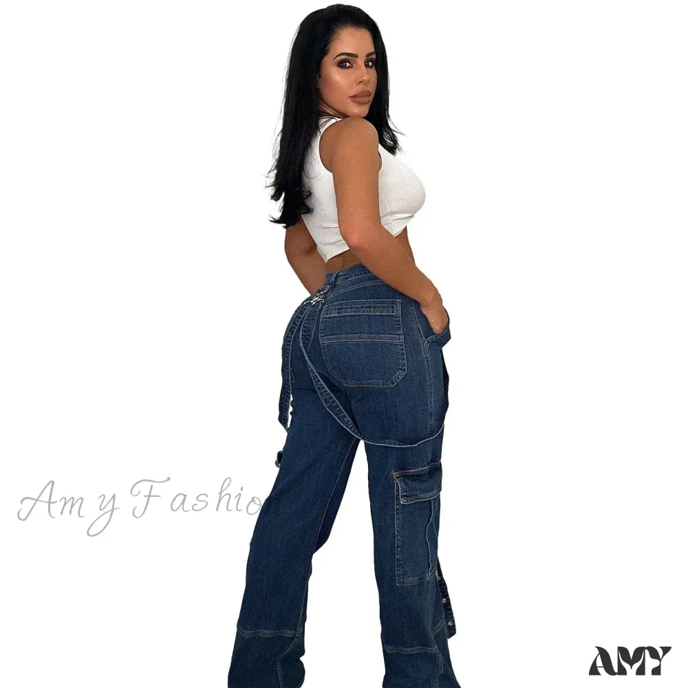 Amy Fashion - Multi Pockets Loose Straps Fashion High Waist Casual Cargo Autumn Winter Streetwear Denim Jean