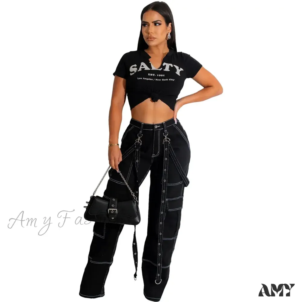 Amy Fashion - Multi Pockets Loose Straps Fashion High Waist Casual Cargo Autumn Winter Streetwear Denim Jean