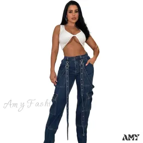 Amy Fashion - Multi Pockets Loose Straps Fashion High Waist Casual Cargo Autumn Winter Streetwear Denim Jean