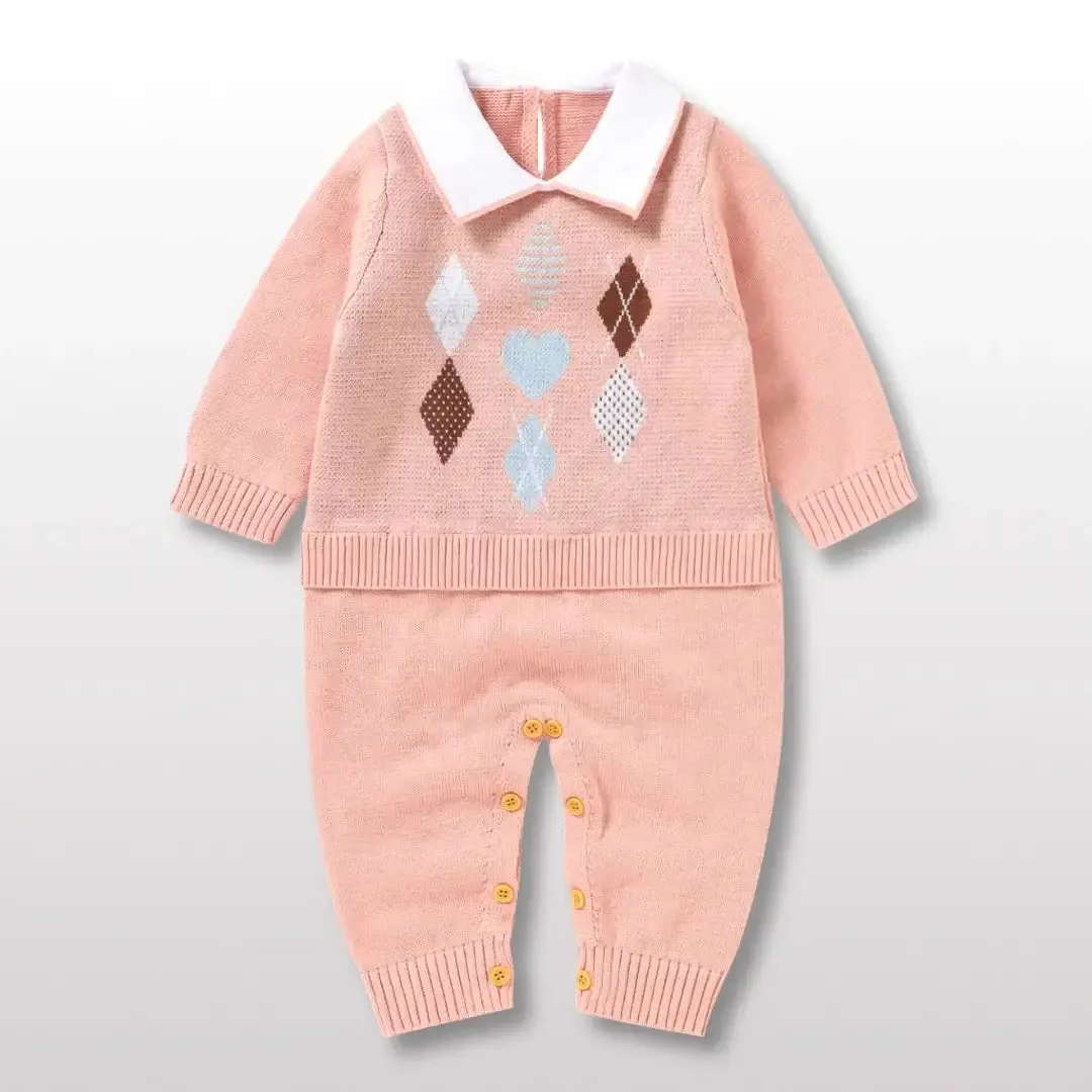 Argyle Charm Baby Knit Romper Set – Cozy & Classic Style