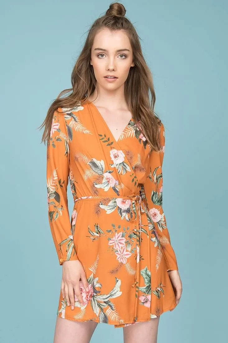 Aryanna Floral Wrap Dress Orange Mustard