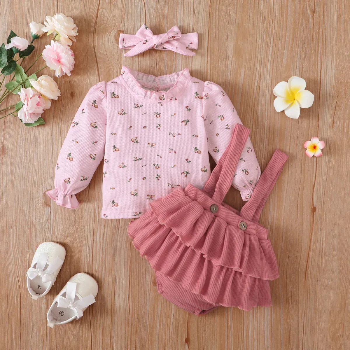 Baby Floral Print Long-sleeve Top and Ruffle Suspender Skirted Shorts Set Perfect for Outings and Daily Wear 3pcs