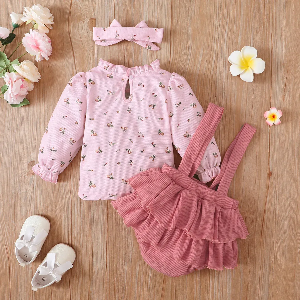 Baby Floral Print Long-sleeve Top and Ruffle Suspender Skirted Shorts Set Perfect for Outings and Daily Wear 3pcs