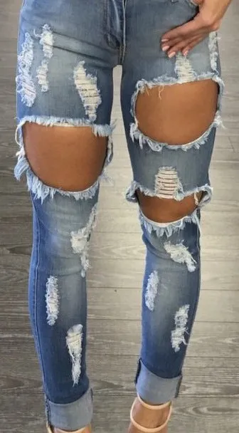 Beggar Style Cut Out Rough Holes Denim Pants Jeans