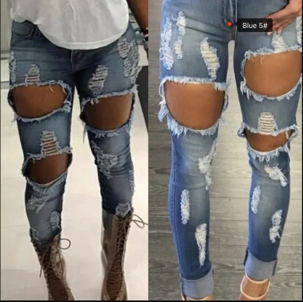 Beggar Style Cut Out Rough Holes Denim Pants Jeans