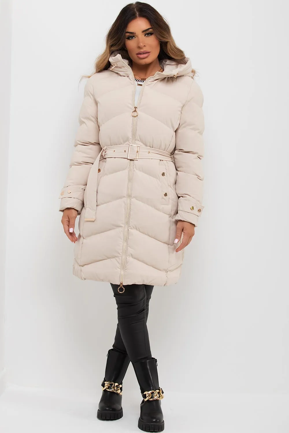 Beige Long Puffer Coat With Belt And Gold Button Detail