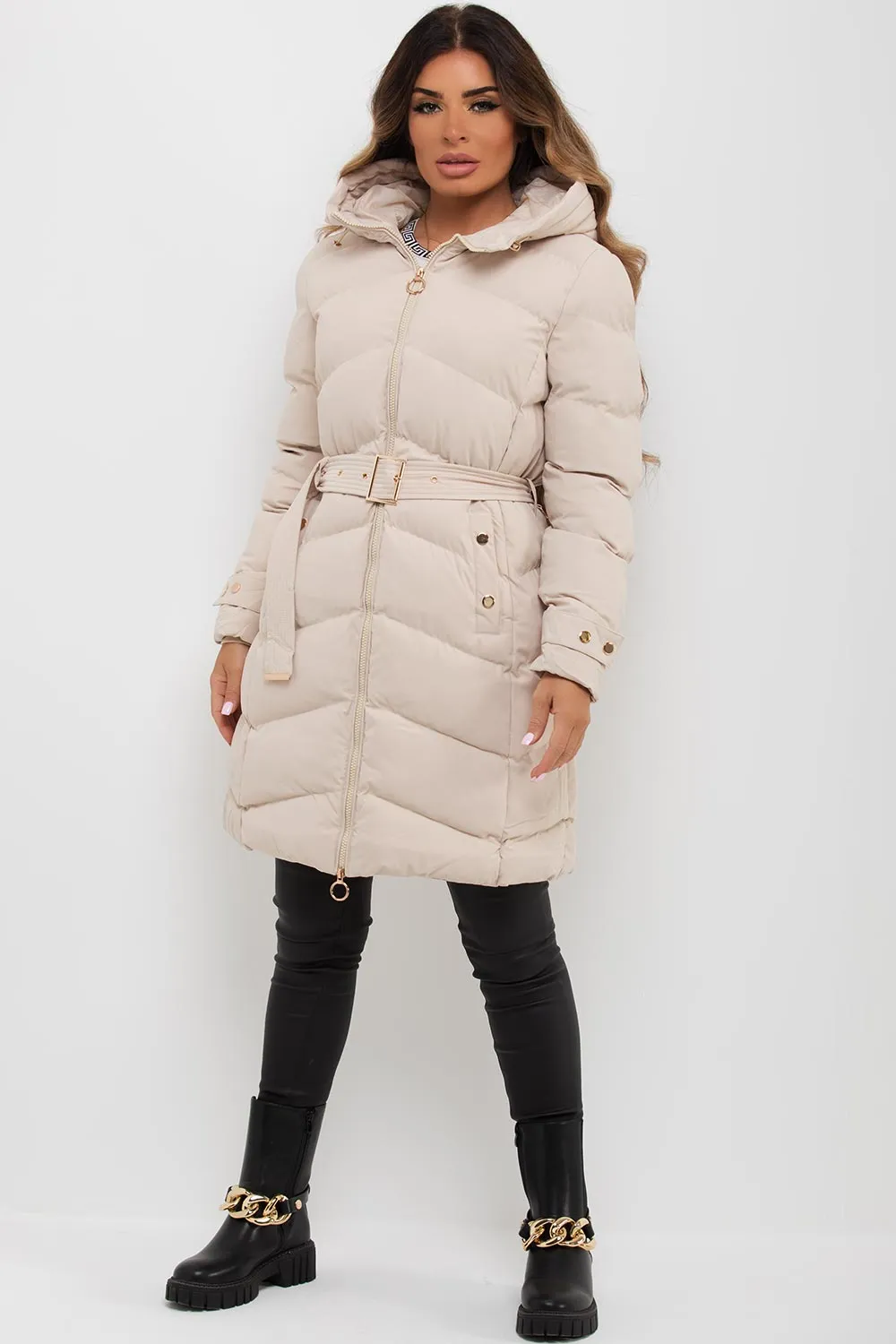 Beige Long Puffer Coat With Belt And Gold Button Detail