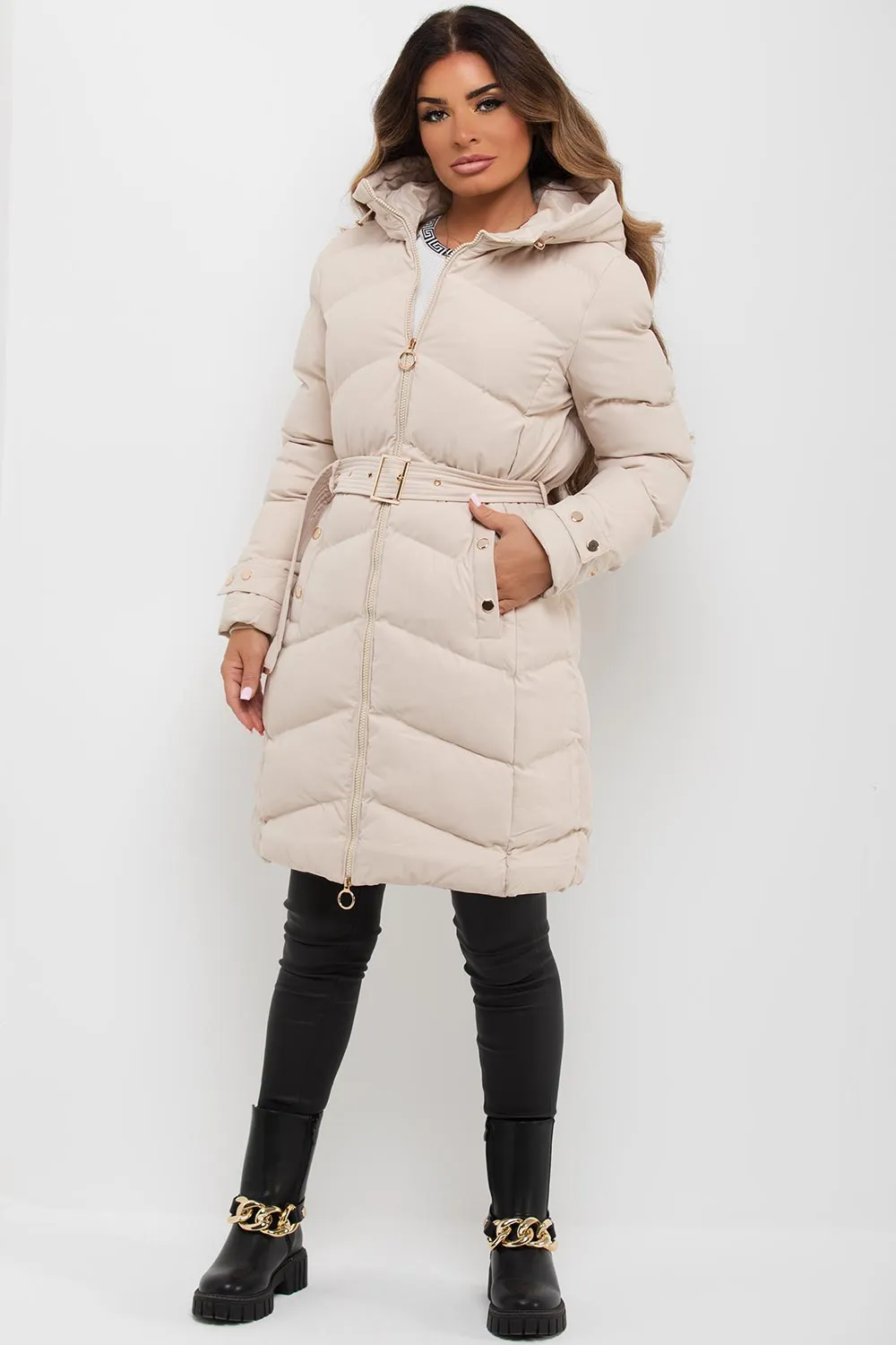 Beige Long Puffer Coat With Belt And Gold Button Detail