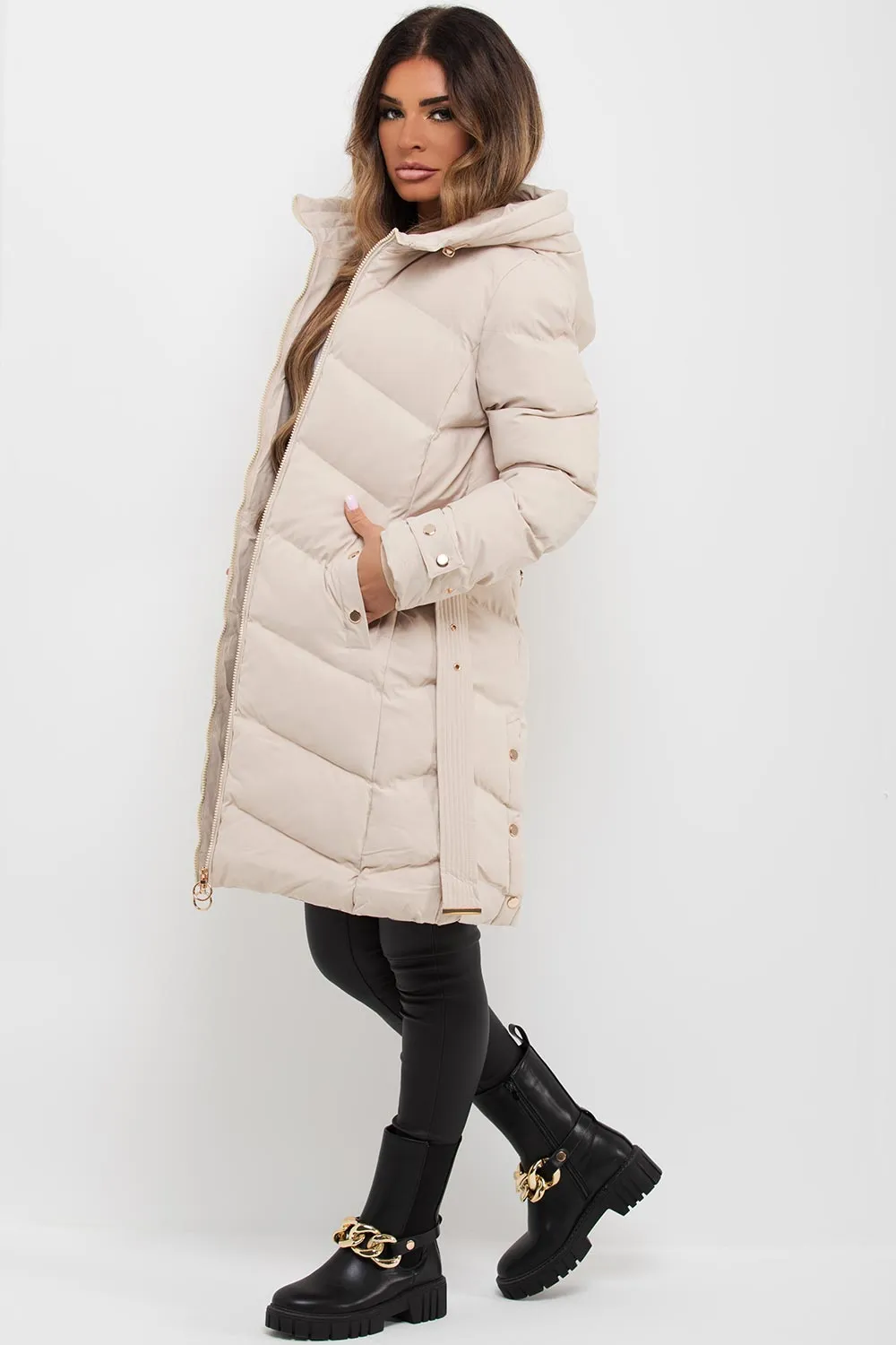 Beige Long Puffer Coat With Belt And Gold Button Detail