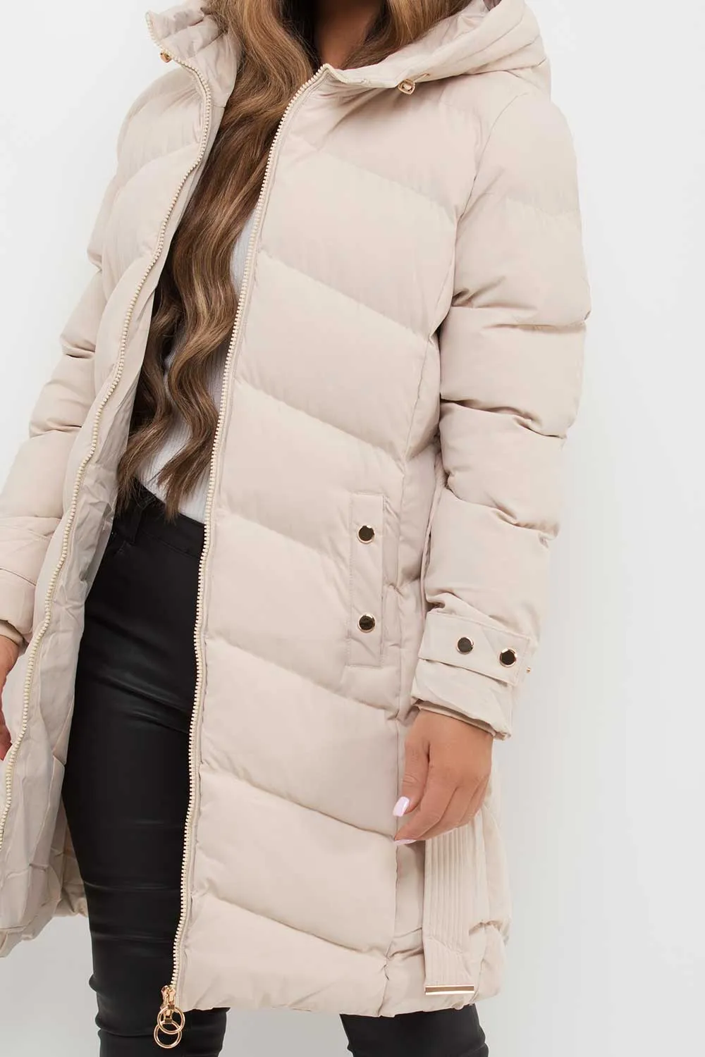 Beige Long Puffer Coat With Belt And Gold Button Detail