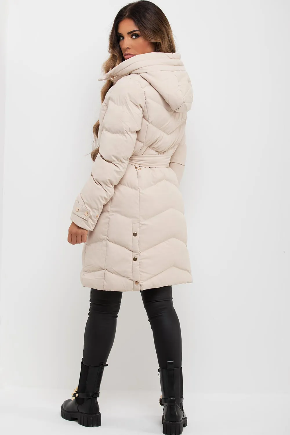 Beige Long Puffer Coat With Belt And Gold Button Detail