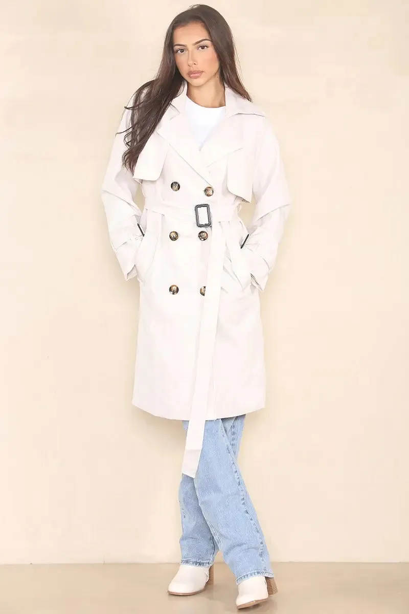 Beige Notch Lapel Double Breasted Belt Decor Trench Coat