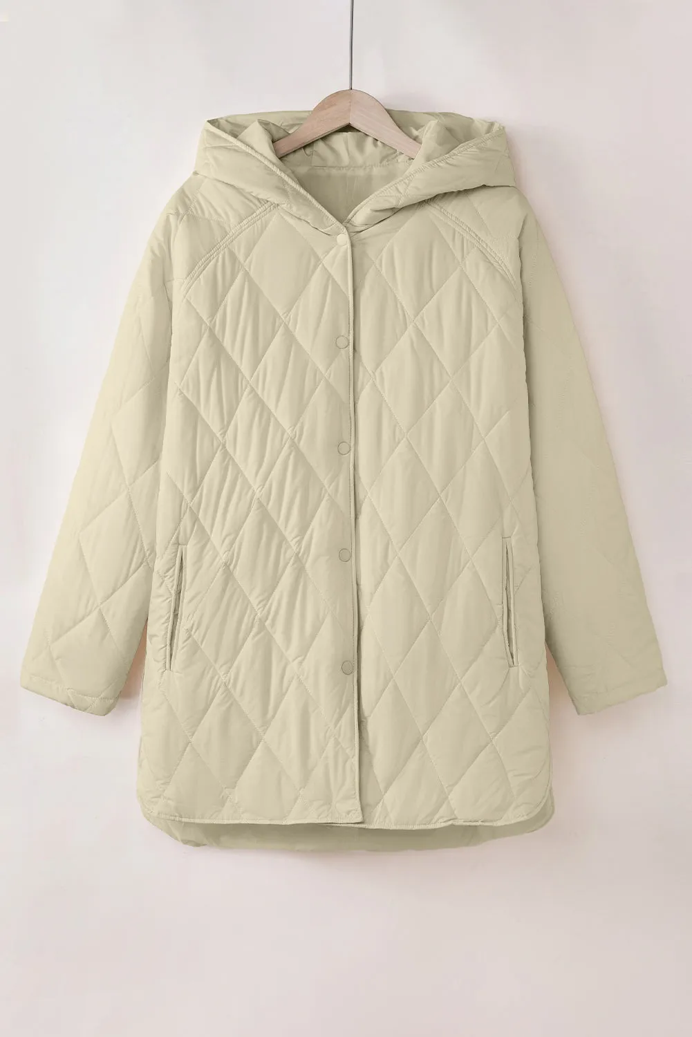 Beige Quilted Snap Button Hooded Puffer Coat