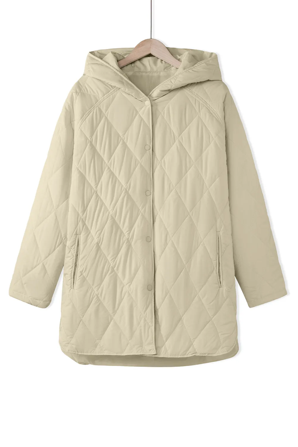 Beige Quilted Snap Button Hooded Puffer Coat