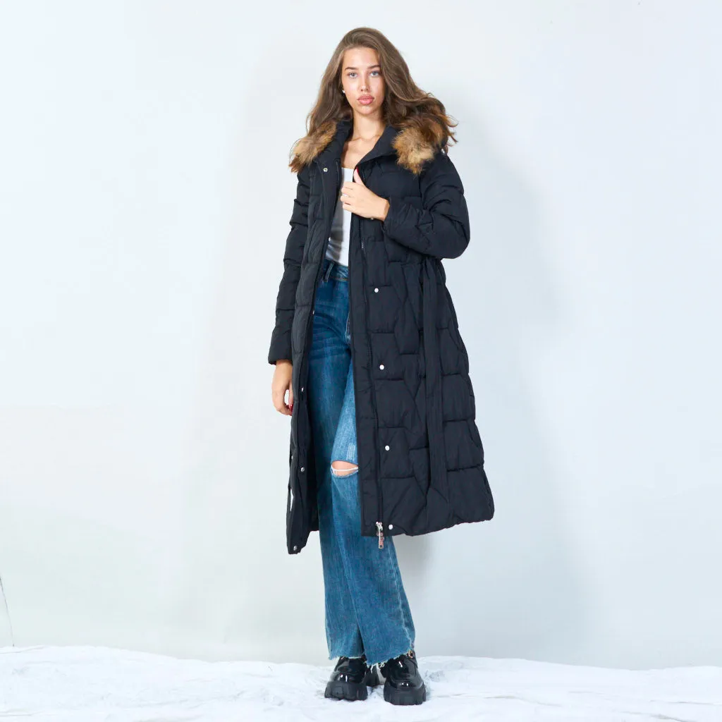 Belted long puffer coat with fur hood wholesale