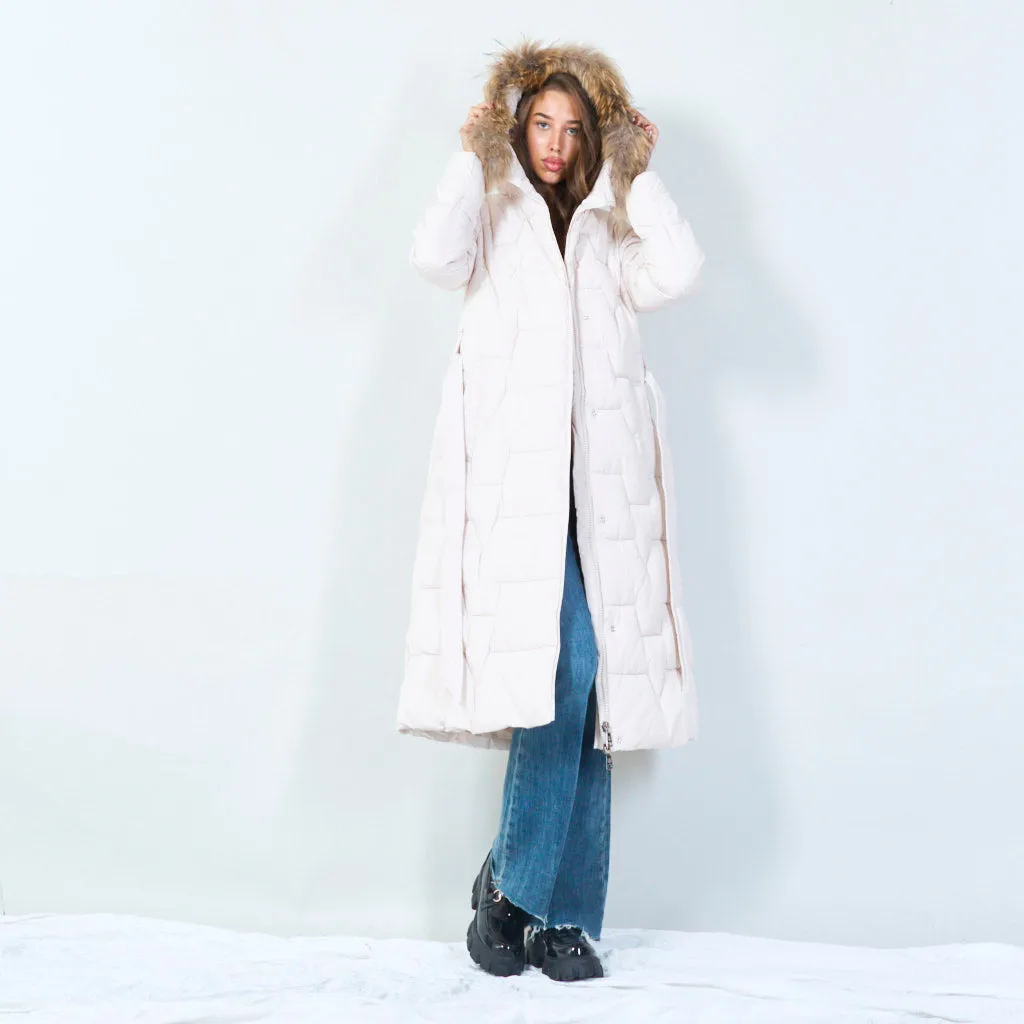 Belted long puffer coat with fur hood wholesale