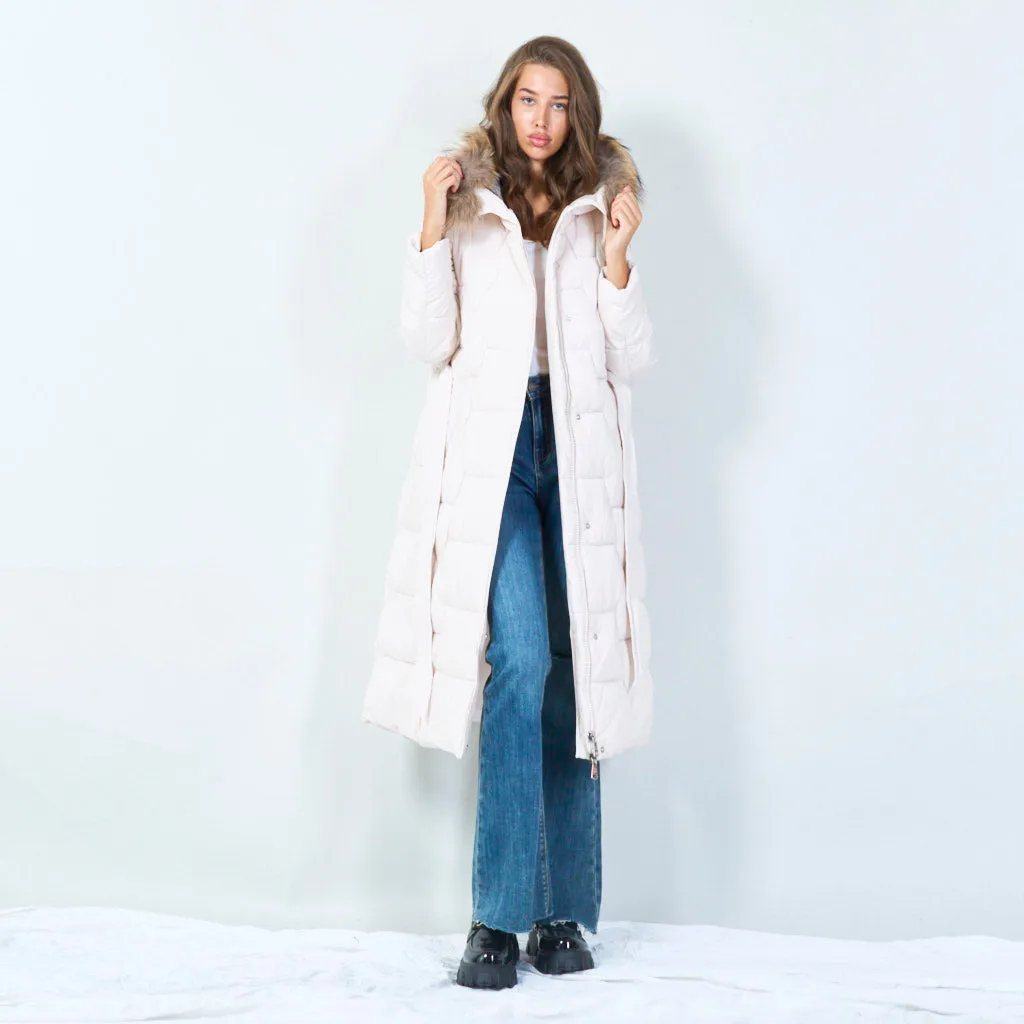 Belted long puffer coat with fur hood wholesale