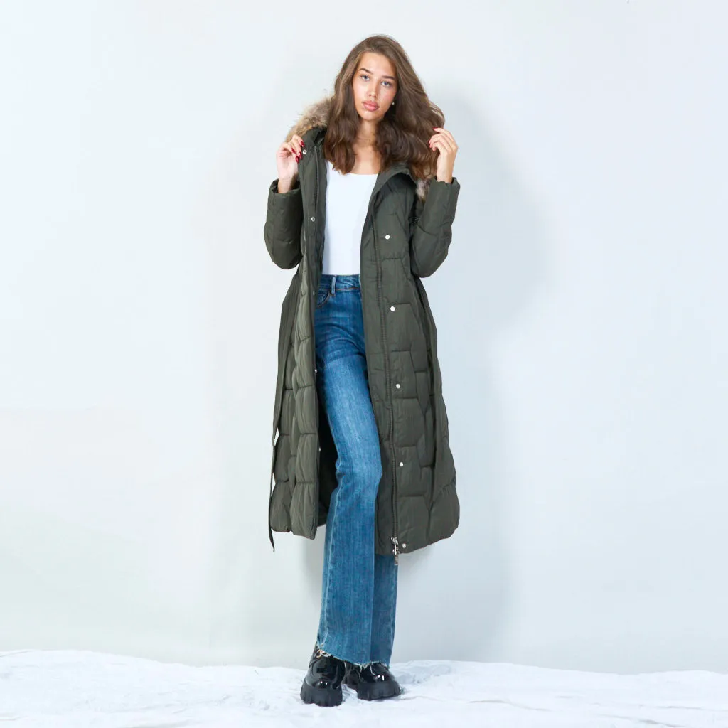 Belted long puffer coat with fur hood wholesale