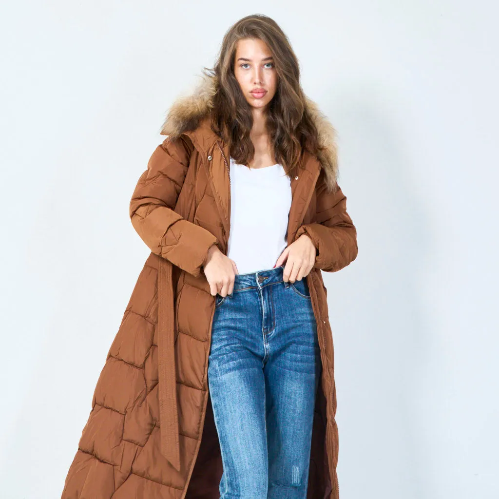 Belted long puffer coat with fur hood wholesale