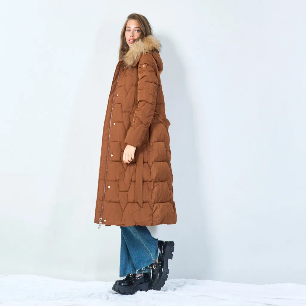 Belted long puffer coat with fur hood wholesale