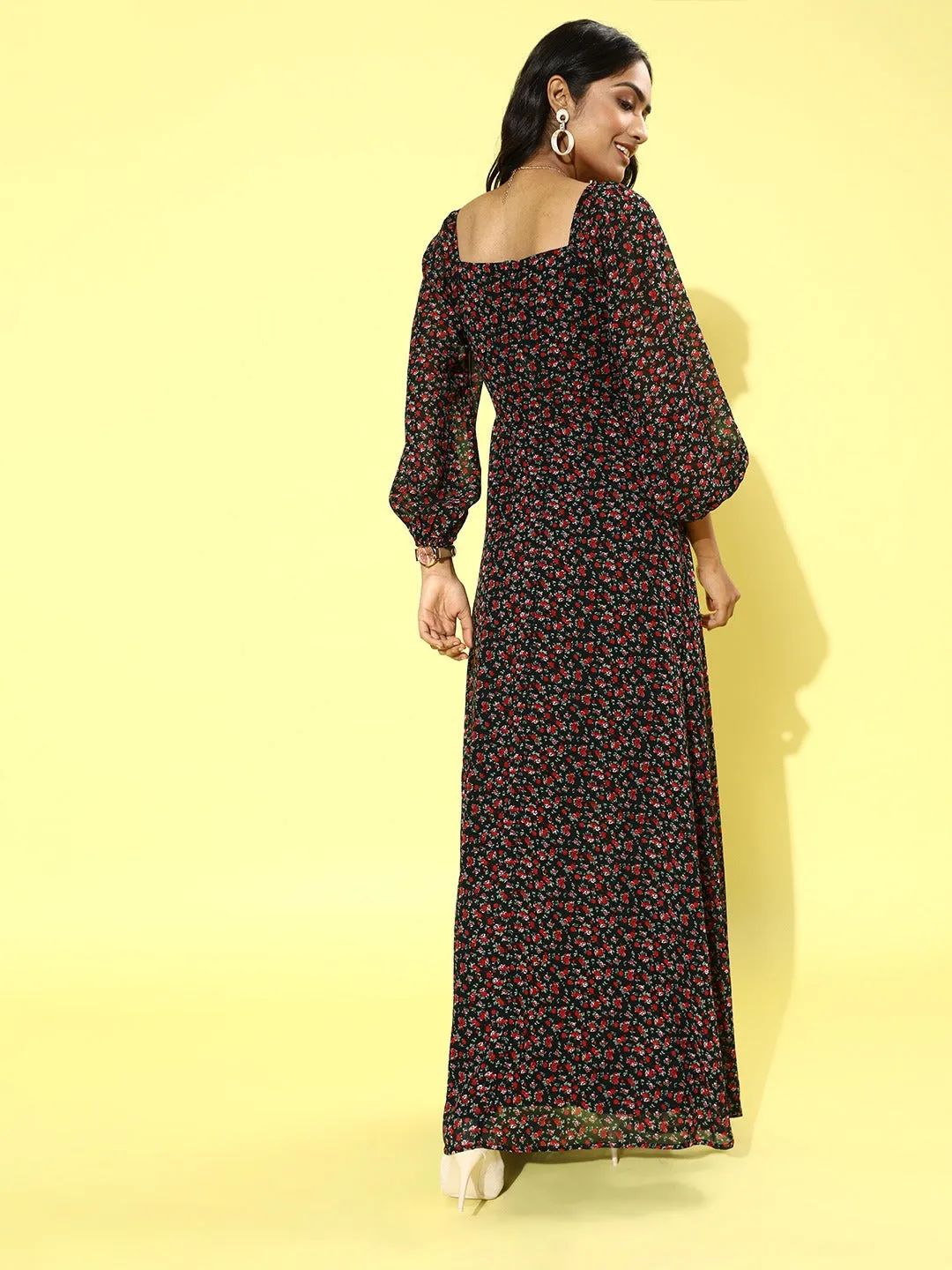 Berrylush Women Black & Red Floral Printed Square Neck Puff Sleeves Crepe Flared Maxi Dress