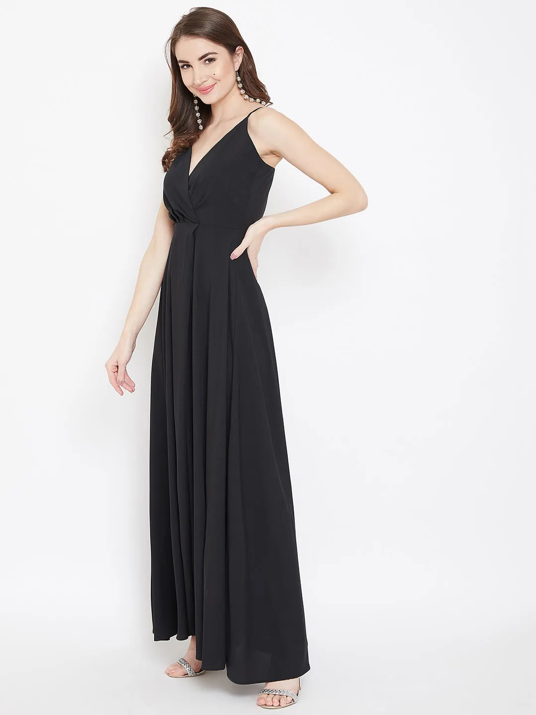 Berrylush Women Solid Black V-Neck Sleeveless Crepe Thigh-High Slit A-Line Maxi Dress