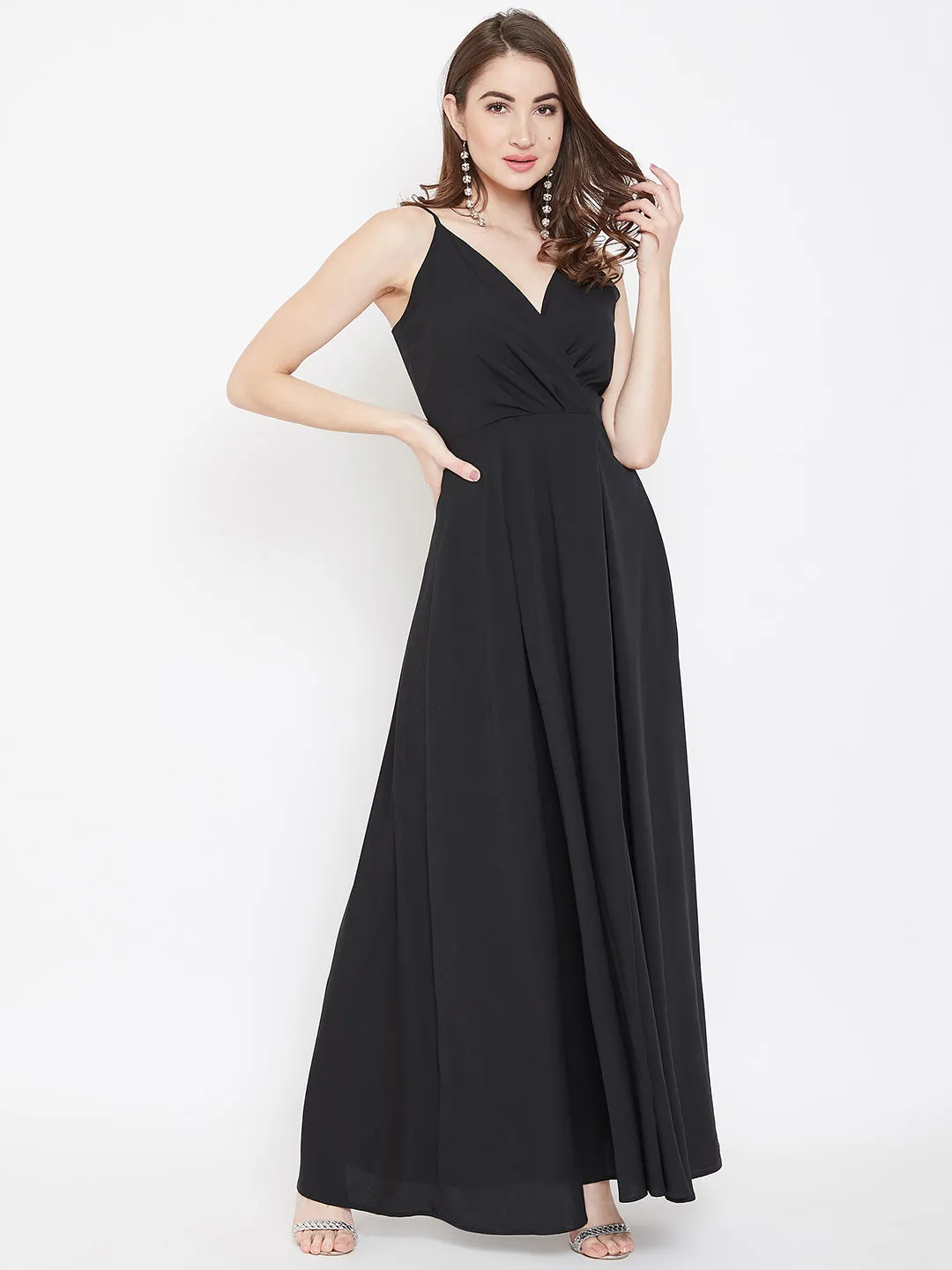 Berrylush Women Solid Black V-Neck Sleeveless Crepe Thigh-High Slit A-Line Maxi Dress