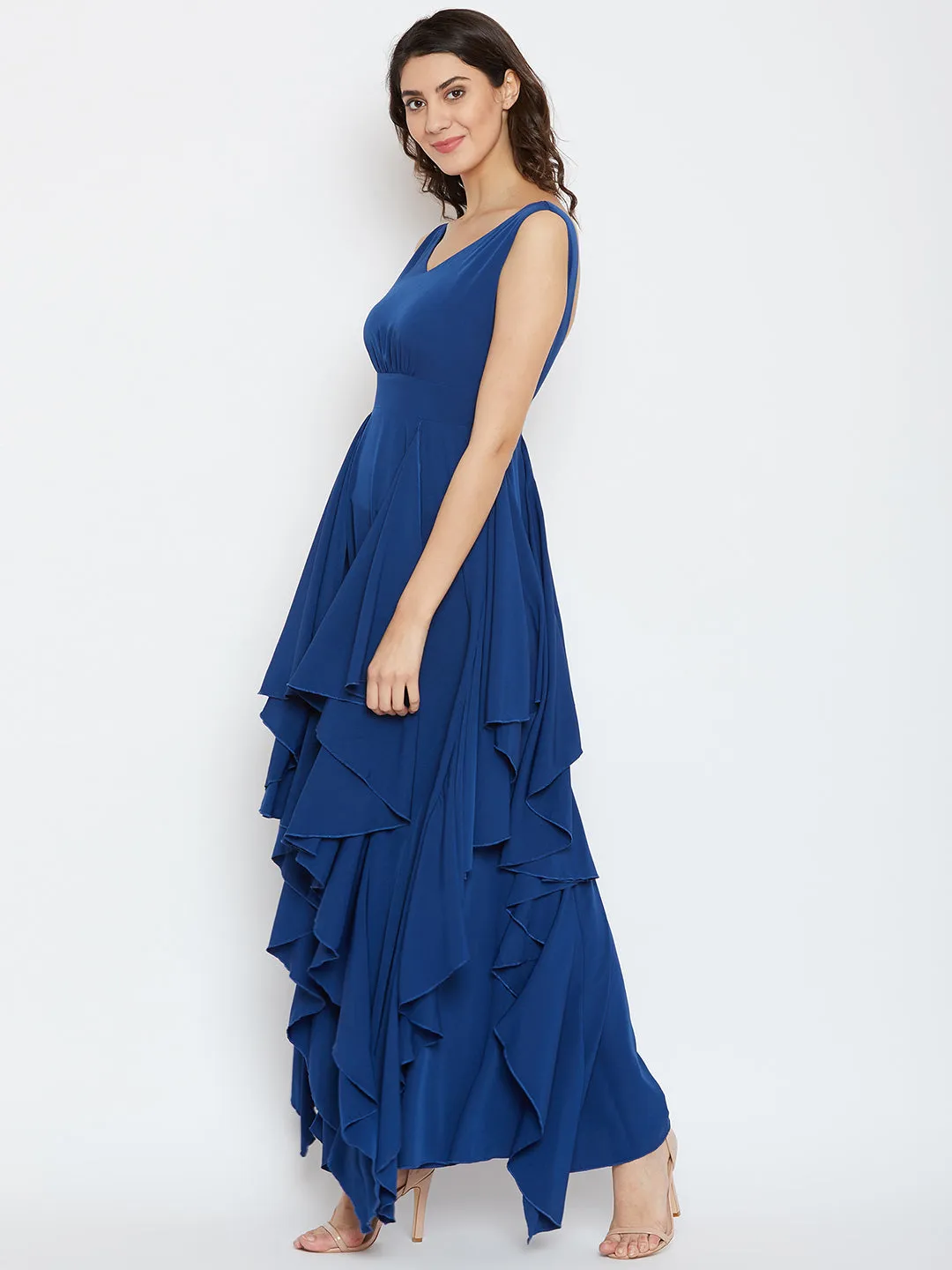 Berrylush Women Solid Blue V-Neck Sleeveless Open-Back Ruffled Maxi Dress