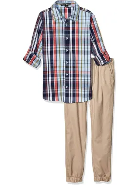 Beverly Hills Polo Club Boys 2 Piece Red Checked Dress Shirt Twill Pants Outfit, Sizes 4-7